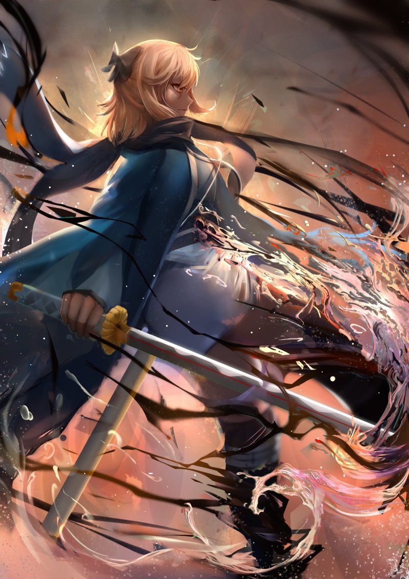 full length, nature, adult, one person, Fate Series, young adult, female, outdoors, anime, lifestyles, illustration, character, katana, 1080P, brown, sunlight