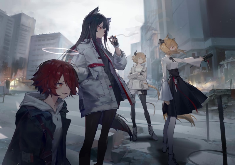 Sora(Arknights), anime girls, smoke, neko ears, 5K, Croissant(Arknights), digital art, Arknights, Exusiai (Arknights), artwork, anime, weapon, Texas (Arknights