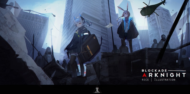brunette, helicopter, Arknights, 2K, long hair, scarf, digital art, anime girls, girls with guns, shield, artwork, anime, blue hair, weapon, city, gun