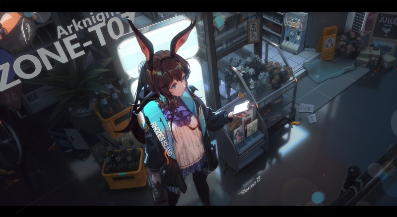 3D Animation, anime, stores, artwork, fantasy girl, digital art, animal ears, long hair, video games, T5, CGI, top view, 3D, brunette, 2K, fan art, Arknights