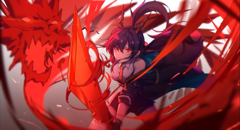 digital art, long hair, demon girls, Arknights, demon, black hair, portrait, dragon, anime, sword, red eyes, ponytail, anime girls, 2K, tie, artwork