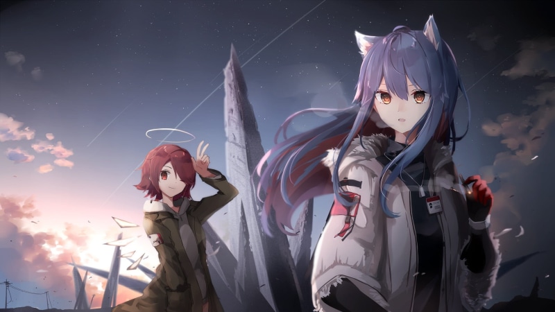 Exusiai (Arknights), clouds, Texas (Arknights), artwork, 720P, anime girls, sky, Arknights, animal ears