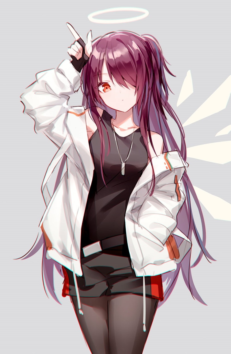 vertical, digital art, portrait display, simple background, anime girls, red eyes, Arknights, jacket, 720P, anime, gloves, purple hair