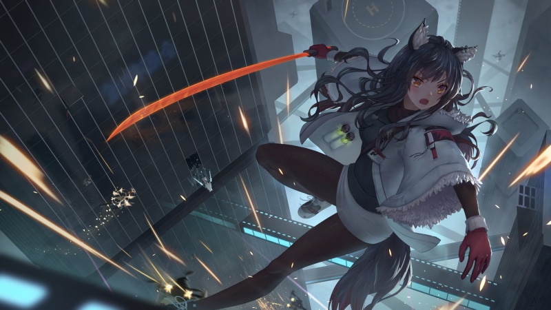 Long Hair, City, Katana, Animal Ears, 1080P, Tail, Yellow Eyes, Arknights, Video Game, Black Hair, Texas (Arknights)