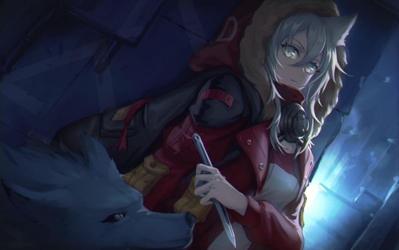 green eyes, knife, anime, wolf, animal ears, white hair, long hair, neko ears, Arknights, weapon, anime girls, 1080P