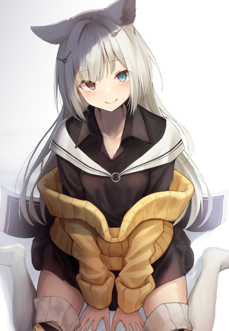 long hair, Arknights, white hair, sweater, red eyes, neko ears, digital art, simple background, 720P, blue eyes, anime, anime girls, animal ears, vertical