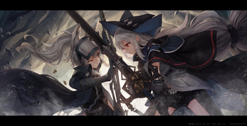 open mouth, anime, blue eyes, red eyes, white hair, long hair, ponytail, anime girls, 1080P, gray hair, digital art, neko ears, portrait, Arknights, sword