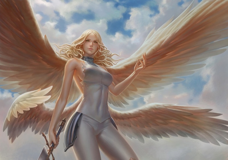 sword, flying, people, teresa, holding, artificial Wing, adult, wind, beautiful, outdoors, sky, angel, Claymore (anime), females, long hair, front view