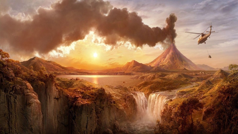 waterfalls, helicopter, 1080P, waterfall, 1920x1080, fantasy, lake, smoke, erupting, volcano, photo