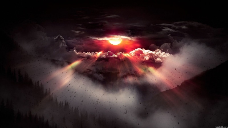night, outdoors, power in nature, illuminated, painting, digital composite, studio shot, abstract, fantasy art, Sun, black background, destruction, sunlight