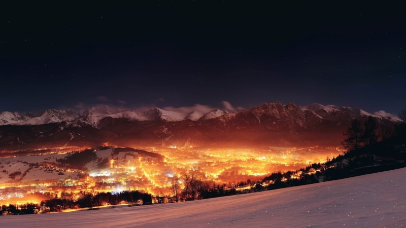city, snowcapped mountain, astronomy, Polish, tranquil scene, space, Zakopane, beauty in nature, mountain range, environment, cold temperature, eruption