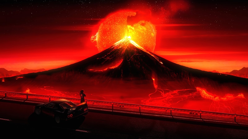 fantasy art, 4K, landscape, space, eruptions, smoke, volcanic eruption, eruption, digital art, car, vehicle, fire, planet, lava, transport, road, stars
