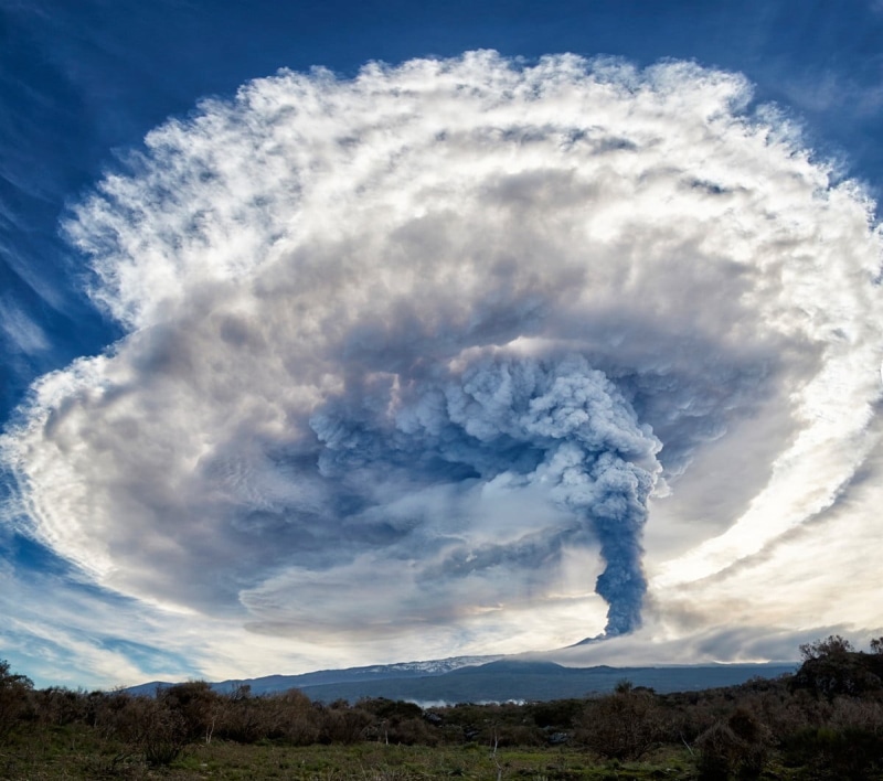 smoke, tranquility, 480P, scenics - nature, mountain, erupting, cloud - sky, sea, power in nature, nature, landscape, volcano, non-urban scene, eruption