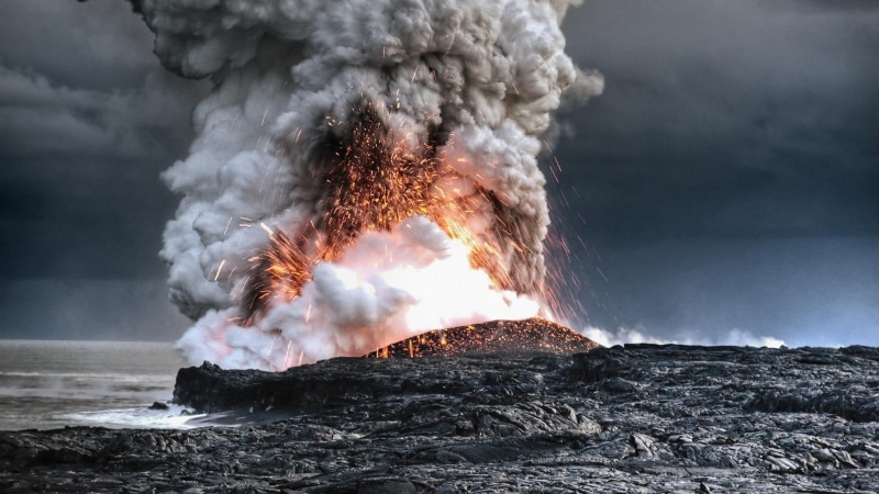fire - natural phenomenon, sea, motion, mountain, land, smoke, 1080P, burning, clouds, water, smoke - physical structure, beauty in nature, environment