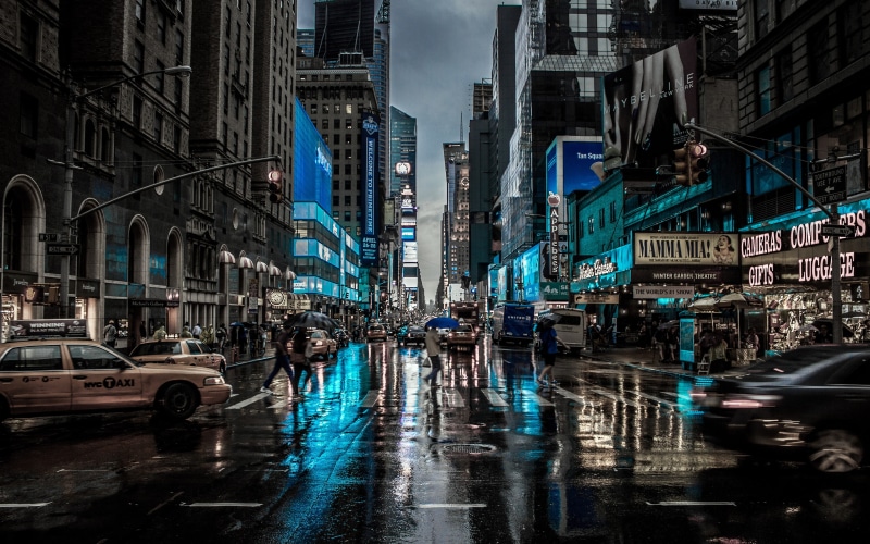 broadway - Manhattan, architecture, night, manhattan - New York City, street Light, rainy season, car, cityscape, people, illuminated, travel Destinations