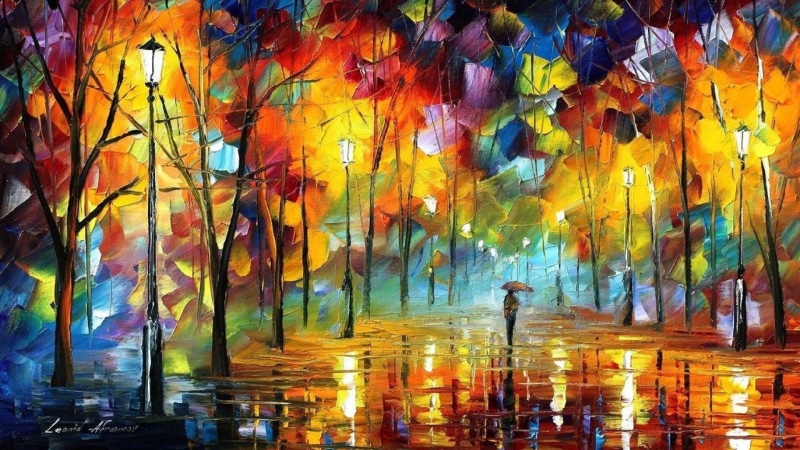 autumn, leonid afremov, 1080P, art, raining, painting, rain, colorfull, street