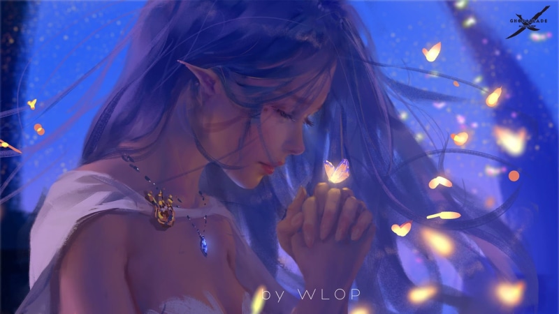 artwork, fantasy, elf, necklace, blue hair, fantasy girl, Ghost blade, butterfly, girl, Wlop, long hair, pointed ears, 1080P, princess, fantasy art, digital art