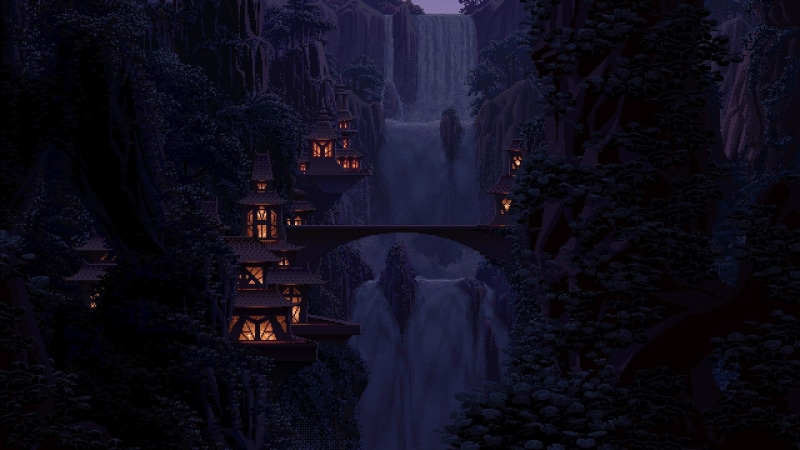 anime, Waterfall, Pixel, 1080P, bridge, digital, hd, digital art, pixel, seed, x, Art, 1920x1080 px, fantasy, art, fantasy art, gundam, px