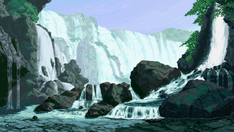 tree, pixel art, rock formation, day, rock, sea, flowing, outdoors, trees, ice, digital art, scenics - nature, environment, tranquility, motion, waterfall