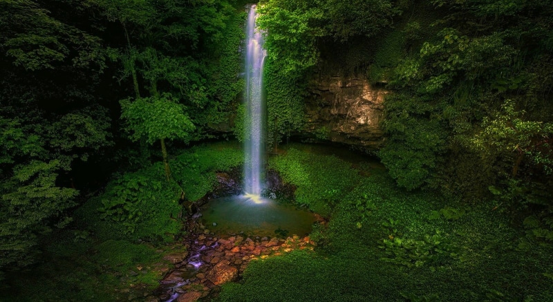 rock - object, no people, trees, flowing water, green color, scenics - nature, land, rock, power in nature, motion, long exposure, waterfall, plant, rainforest