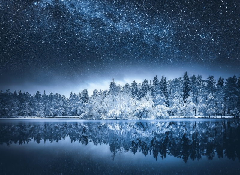 scenics, snow, galaxy, light - Natural Phenomenon, dark, cold temperature, frost, star Field, canada, illuminated, tree, christmas, starry night, blue