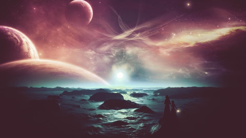 dusk, planet, sky, beauty In Nature, sunset, tranquility, lens flare, planet - Space, dark, sea, light - Natural Phenomenon, nature, space art, moon, no people