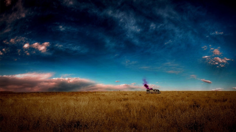 motion, RV, field, environment, nature, horizon, Walter White, land, plant, rural scene, mode of transportation, farm, agriculture, wheat, crop, Breaking Bad