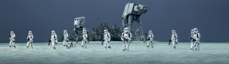 AT-AT Walker, winter, water, sea, large group of objects, troopers, trees, blue, 4K, AT-AT, AT-ST Walker, wooden post, ice, storm, beach, sky, nature