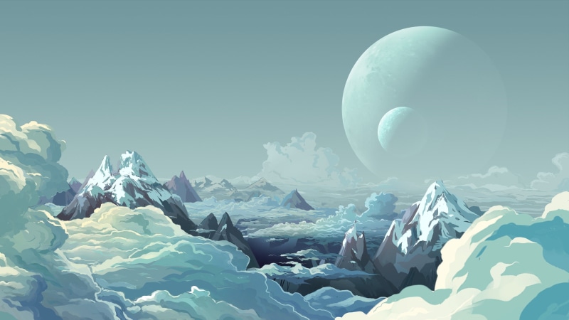 fantasy landscape, moon, frost, planet, ice, 4K, minimalist, arctic, icy