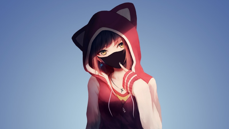 anime, hoodie, blue, sunlight, portrait, 2K, sky, young women, illustration, anime girls, clothing, lifestyles, ear, wearing, women, cat, front view, human face