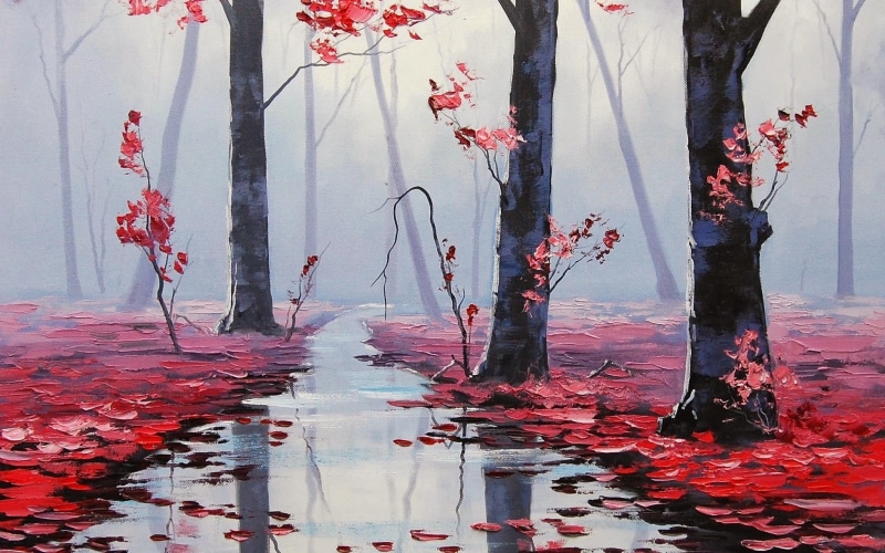 leafed, painting, leaf, outdoors, change, leaves, fall, backgrounds, tree, wet, day, trees, mist, forest, art and craft, three, autumn, bare, plant, no people
