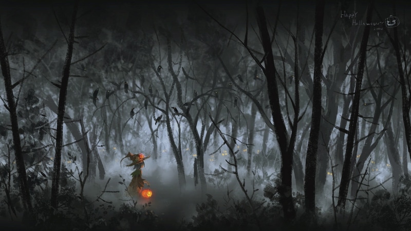 branch, nature, non-urban scene, pumpkin, smoke - physical structure, artwork, plant, no people, tree, fantasy art, Halloween, night, illuminated, outdoors