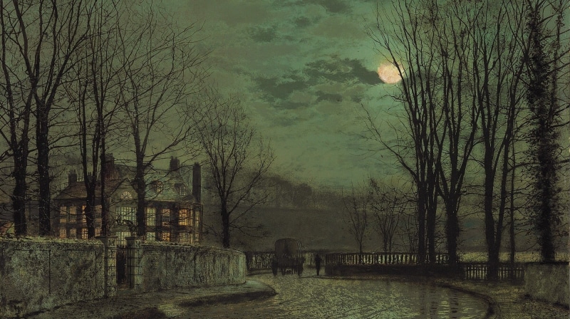 classic art, bare tree, artwork, Moon, branch, tree trunk, painting, tranquility, tranquil scene, architecture, night, nighttime, fog, John Atkinson Grimshaw