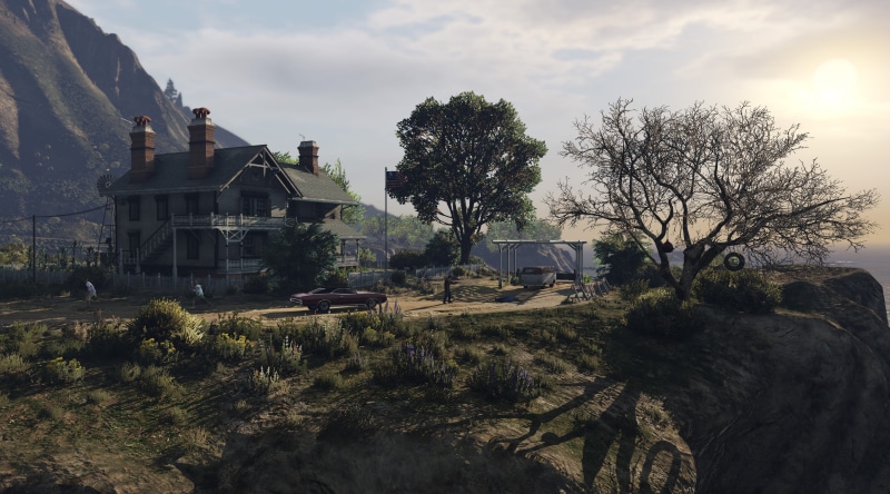 architecture, day, motor vehicle, epic, game, bare, near, car, tree, building exterior, 4K, transportation, built structure, plant, no people