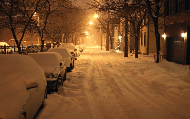 bare tree, winter, lantern, the way forward, city, snowing, nature, snowcapped mountain, vehicle, street light, snow, mode of transportation, white color