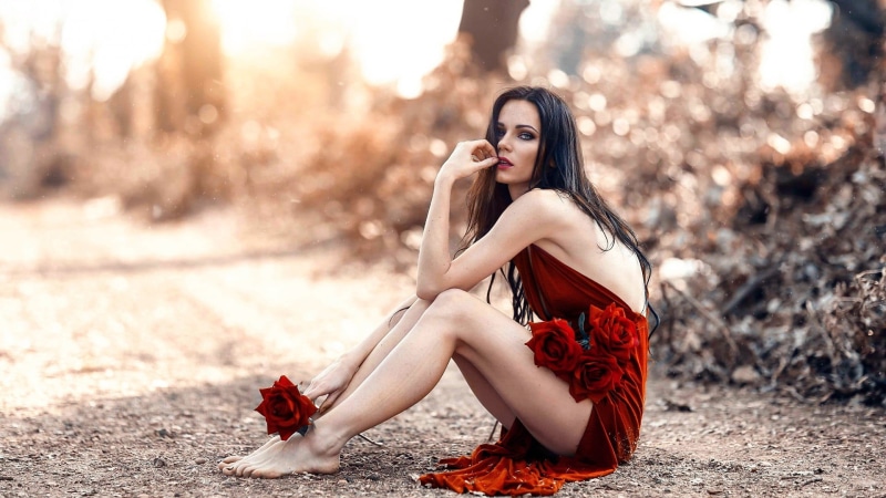 looking at viewer, red, outdoors, legs, 1080P, beautiful people, women outdoors, bare shoulders, adult, beautiful woman, Alessandro Di Cicco, young women