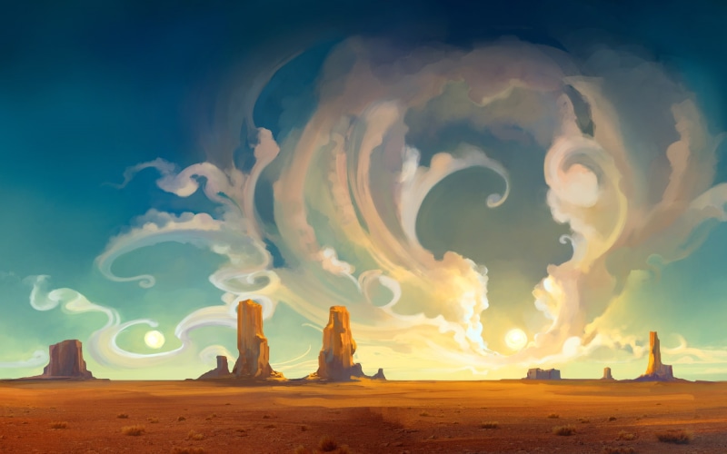fantasy art, desert, digital art, painting, Tuomas Korpi, artwork, clouds, 1080P, landscape, mesa, Sun, rock, nature, sky, smoke