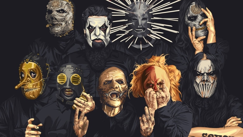 720P, poster, craft, people, group of people, real people, creativity, male likeness, indoors, front view, representation, fan art, Slipknot, group, art and craft