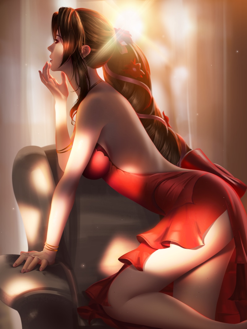 Liang-Xing, long hair, video game characters, illustration, 2D, Final Fantasy VII, digital art, fan art, Aerith Gainsborough, Liang Xing, 8K, video games