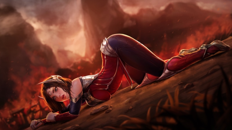 arched back, video game characters, Irelia, realistic, depth of field, artwork, fantasy girl, fire, sparks, bottom up, 5K, League of Legends, fantasy art