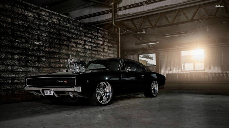 built structure, building, brick wall, mode of transportation, muscle cars, architecture, wheel, indoors, black, Dodge Charger, 1969 Dodge Charger R/T