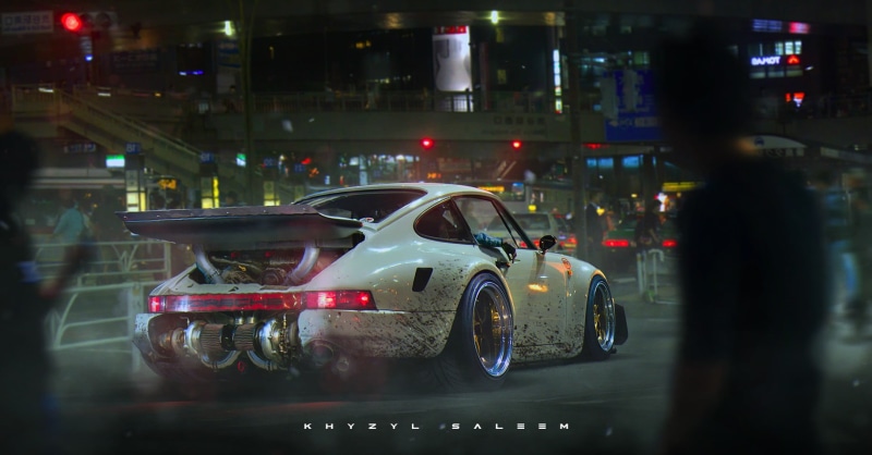 land vehicle, artwork, overlay, car, outdoors, Porsche 911 Turbo, white, 720P, night, illuminated, road, mode of transportation, built structure, motor vehicle