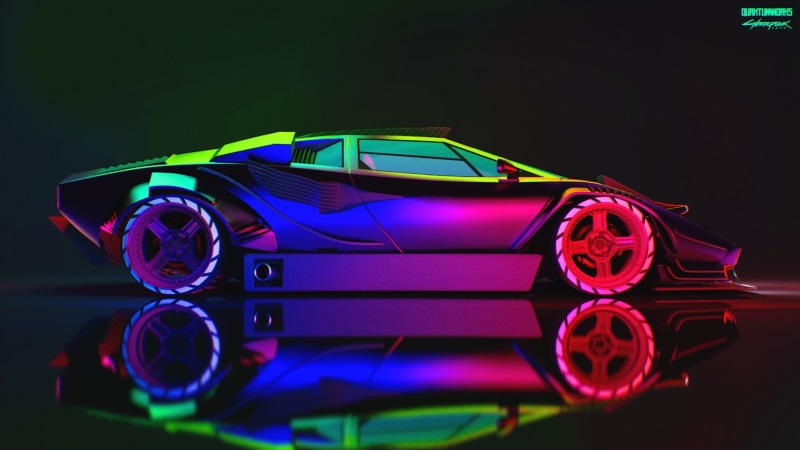 Cyber, Countach, QUANTUM WORKS, Cyberpunk, 2077, Art, Cyberpunk 2077, Side view, 1080P, by QUANTUM WORKS, Rendering, Lamborghini Countach, Cyberpunk 2077 Lamborghini Countach