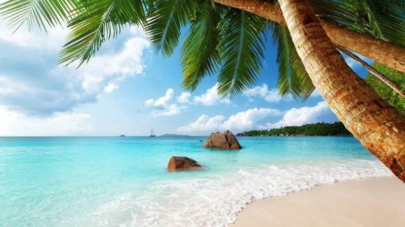 sand, tranquility, horizon over water, no people, turquoise colored, cloud - sky, tranquil scene, sea, scenics - nature, idyllic, beach, Seychelles, exotic
