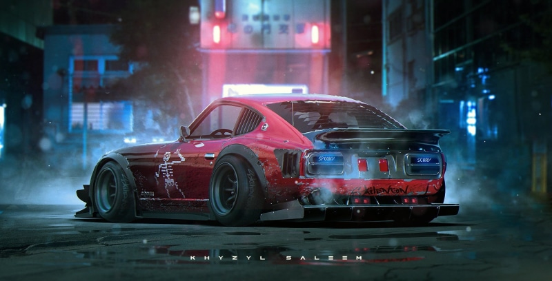 RS Watanabe, accidents and disasters, Datsun 240Z , city, coupe, Datsun, render, 720P, illuminated, wet, city life, road, building exterior, mode of transportation