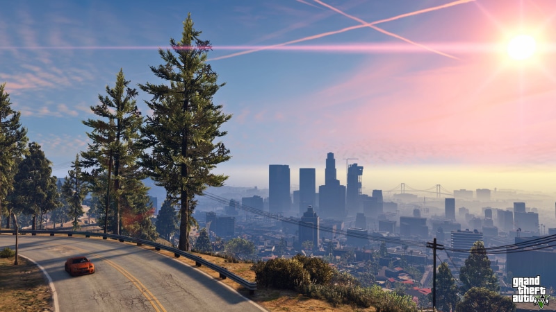 gta 5, sky, highway, sunlight, building, sun, cityscape, modern, theft, building Exterior, mode of transportation, lens flare, blue, no People, auto, car
