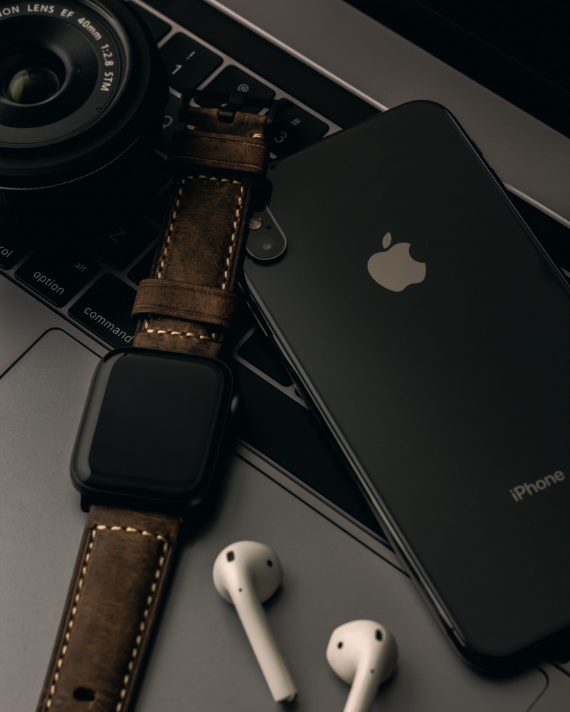 iphone, no people, belt, digital watch, close-up, table, cell phone, 4K, strap, camera, photography themes, laptop, camera lens, black color, camera - photographic equipment