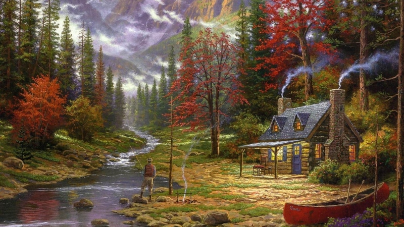 standing, fishing, change, canoes, chimneys, nature, beauty in nature, building exterior, autumn, water, architecture, painting, built structure, beside