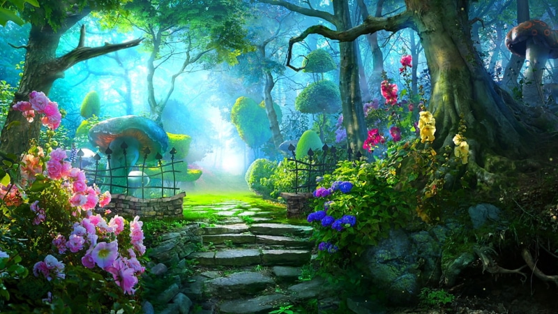 garden, dream, color, dreamland, flowers, animation, assorted, petaled, mushrooms, tail, pathway, beside, fairytail, trees, 4K