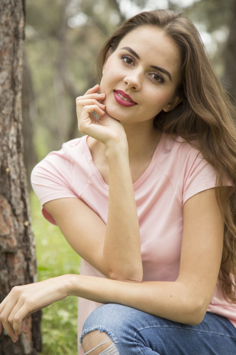 pink, beautiful, hair, one woman only, beside, focus on foreground, young girl, shirt, wearing, young, casual clothing, beauty, face, young adult, three quarter length